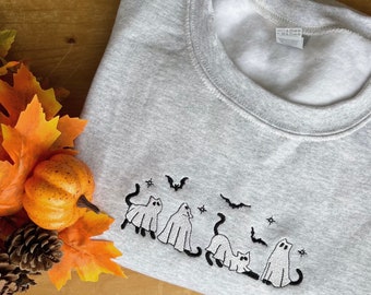Ghost Cats Embroidered Sweatshirt | Unisex Hoodie | Long Sleeve | Pullover | Jumper | Women's | Men's |Crewneck |Personalise |Halloween