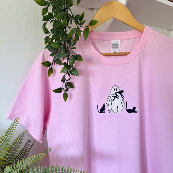 Ghost Cat Embroidered T-shirt | Unisex T-shirt | Short Sleeve | 100% Cotton T-shirt | Women's | Men's | Crewneck | Personalised | Halloween