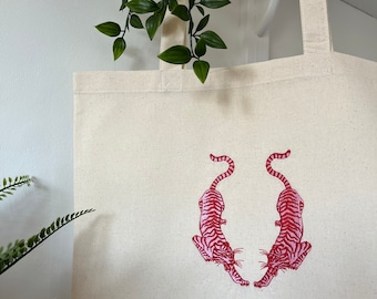 Tigers Embroidered Tote Bag | Handmade Gift | Reusable Bag | Sustainable 100% Cotton Bag | Long Handle Shoulder Bag | Eco Friendly