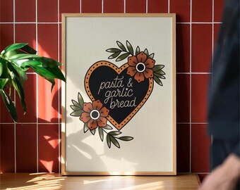 Pasta & Garlic Bread Traditional Tattoo Print Poster, Living Room Wall Print, Bedroom Wall Decor, Typography Art Print, Dopamine Decor
