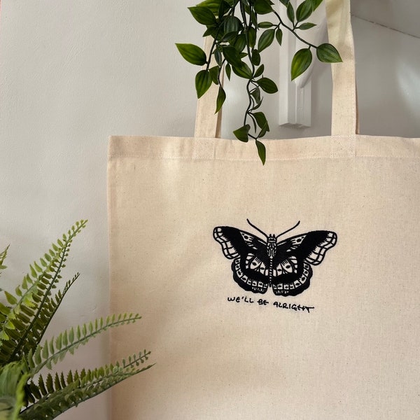 Moth Embroidered Tote Bag | Handmade Gift | Reusable Bag | Sustainable 100% Cotton Bag | Long Handle Shoulder Bag | Eco Friendly