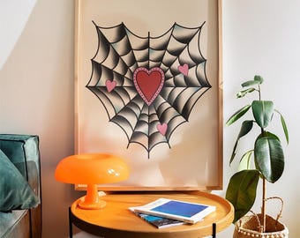 Valentine’s Spiderweb Heart Traditional Tattoo Print Poster, Living Room Wall Print, Bedroom Wall Decor, Portrait Art, Tattoo Studio