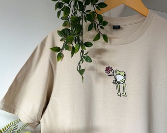 -shirt brodé de grenouilles de fleurs | T-shirt unisexe | manches courtes | T-shirt 100 % coton | Femmes | Hommes | Ras du cou | Personnalisé | Personnalisé