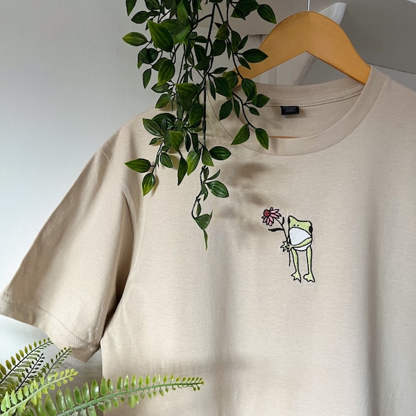 Camiseta bordada Flower Frog / Camiseta unisex / Manga corta / Camiseta 100% algodón / Mujer / Hombre / Crewneck / Personalizada / Personalizada