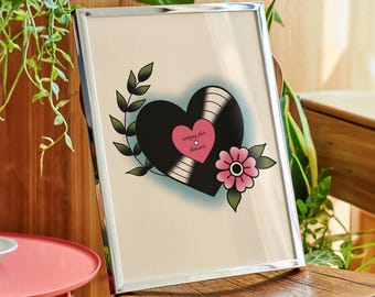 Valentine’s Vinyl Record Traditional Tattoo Print Poster, Living Room Wall Print, Bedroom Wall Decor, Portrait Art, Tattoo Studio