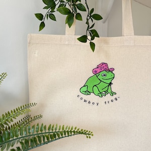 Cowboy Frosch bestickte Einkaufstasche | Handgefertigtes Geschenk | Wiederverwendbare Tasche | Nachhaltige 100% Baumwolltasche | Lange Henkel Umhängetasche | Umweltfreundlich
