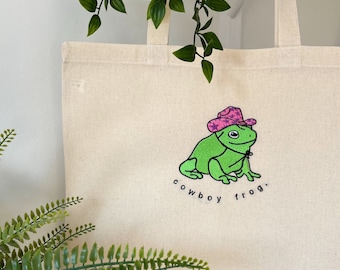 Fourre-tout brodé de grenouille de cow-boy | Cadeau fait main | Sac réutilisable | Sac 100 % coton durable | Sac à bandoulière à poignée longue | Respectueux de la nature