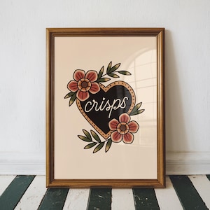 Poster con stampa di tatuaggi tradizionali di Crisps, stampa da parete per soggiorno, decorazione da parete per camera da letto, stampa artistica tipografica, decorazione con dopamina, ritratto artistico
