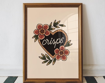Peut inclure: Impression encadrée avec un cœur noir orné du mot "crisps" en écriture cursive et de motifs floraux. Le cœur est entouré de fleurs rouges et de feuilles vertes. Le cadre est marron et le fond est beige clair.