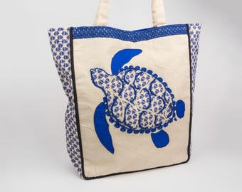 Embroidered Turtle Cotton Tote Bag, Artisan Crafted