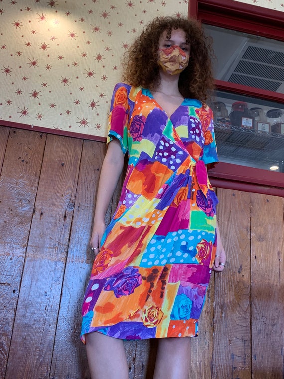 80’s Wrap Dress/Colorful, Bold design/Geometric/Fl