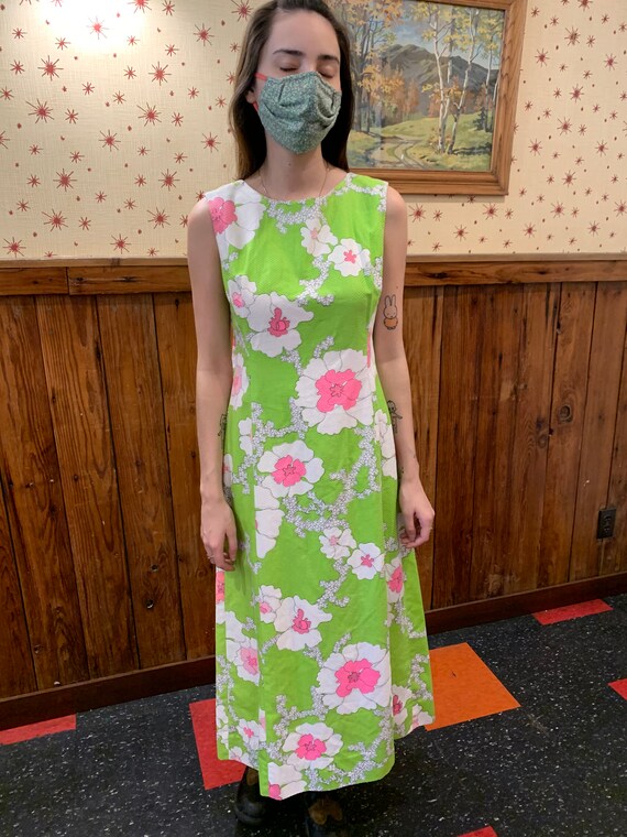 Lime Green Pink 1960s Flower Dress/Vintage/Flower