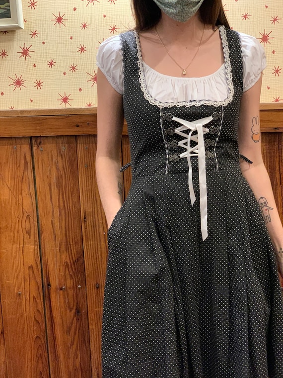 Dirndl Style Black dress/1980s dress/Lace up front