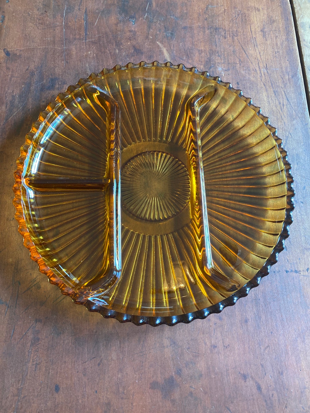 Midcentury Amber Glass Serving Dish With Four Dividers Made by Etsy