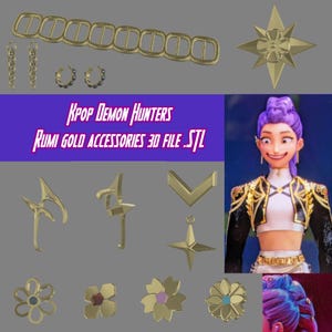 May include: A selection of gold-coloured accessories, including earrings, a belt, and various pendant designs. The image also features a character illustration with purple hair and gold accents. Text on a purple background reads "KPOP Demon Hunters Rumi Gold Accessories 3D File .STL".