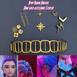 May include: Gold-colored cosplay accessories, including earrings, star-shaped pendants, and a wide cuff. The image also features a series of flower-shaped pins and a few other decorative pieces. The text at the top reads "KPOP Demon Hunters Rumi Gold Accessories Cosplay."