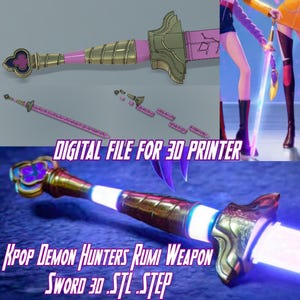 Op de afbeelding: Een digitaal bestand voor 3D-printen van een Kpop Demon Hunters Rumi-wapenzwaard. Het zwaard heeft een roze lemmet, gouden accenten en een decoratieve pareerstang. De tekst "DIGITAL FILE FOR 3D PRINTER" en "KPOP DEMON HUNTERS RUMI WEAPON SWORD 3D .STL .STEP" zijn zichtbaar.