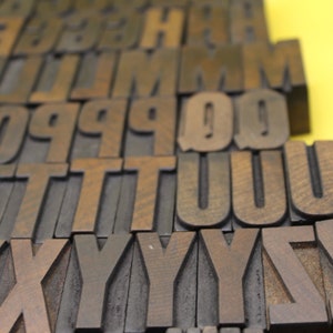 May include: A close-up of a set of wooden letterpress printing blocks, arranged in alphabetical order from A to Z. The blocks are made of dark brown wood and have a worn, vintage look.