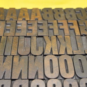 May include: A collection of vintage wooden letterpress printing blocks. The blocks are made of dark wood and have a worn, antique look. The letters include A, B, C, D, E, F, G, H, I, J, K, L, M, N, O, P, Q, R, S, T, U, V, W, X, Y, Z, 0, 1, 2, 3, 4, 5, 6, 7, 8, 9.