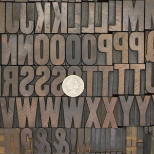 May include: A collection of wooden letterpress blocks in various sizes and styles, including uppercase letters, numbers, and punctuation marks. A silver coin is placed in the center of the image.