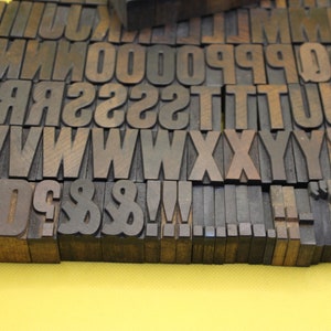 May include: A collection of wooden letterpress printing blocks, including uppercase letters, numbers, punctuation marks, and symbols. The blocks are arranged in rows and are made of dark brown wood.