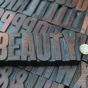 Superb 60 mm/2.4" Vintage Letterpress Wooden Printing Blocks: large blocks, sans serif, upper case letters, ampersand