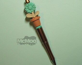 Flower Pot Pen.  Beaded Pen.  Turquoise Flower/Sand Pot Beaded Pen.  Gift for Her.