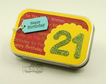 Happy Birthday 21 Gift Card Tin (Yellow). Gift Card Tin. Gift Card Holder. Birthday Gift Card Tin.