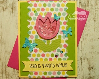 Tulip Shaker Card. Handmade Easter Shaker Card. Easter Greeting Card. Spring Shaker Card. Shaker Greeting Card.