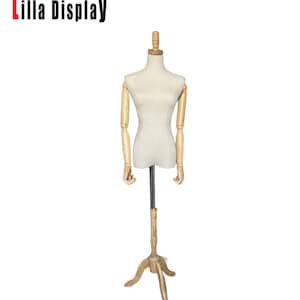 Lilladisplay Natural Wooden Tripod Base Wooden Neck Natural Linen Female Mannequin Dress Form Tara