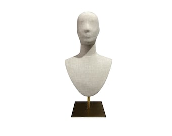 Adjustable Gold Base Linen Male Mannequin Head Bust Stand Andrea
