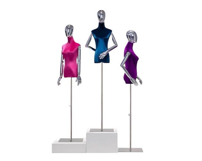Adjustable Silver Base Silver Chrome Head Hot Pink Velvet Female Mannequin Dress Form Mabel