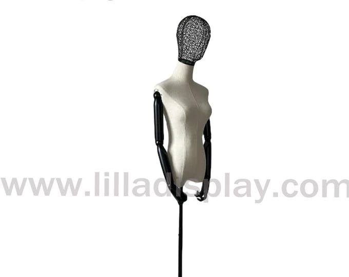 Adjustable Black Base Black Wire Head Rough Linen Black Articulated Wooden Arms Female Mannequin Dress Form Blair