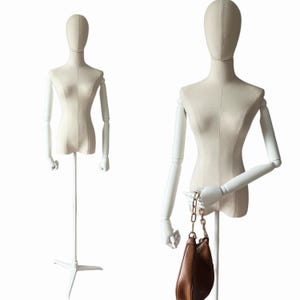 White Linen Female Mannequin: Adjustable Tripod Base, Wooden Arms