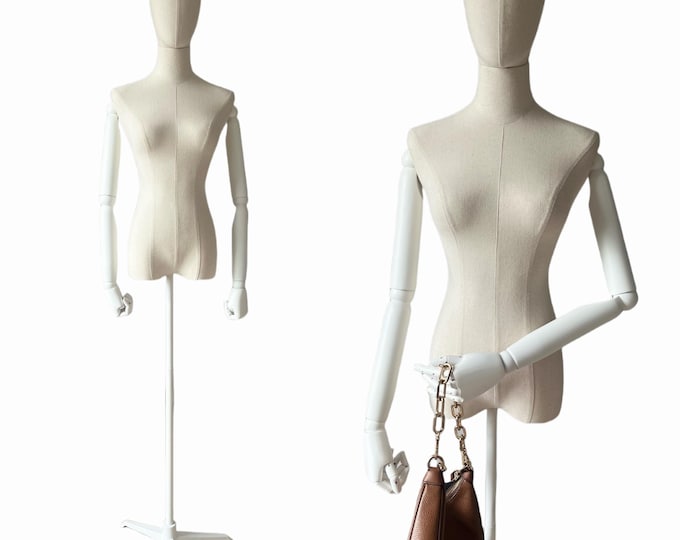 White Tripod Base White Wooden Arms White Linen Female Mannequin Dress Form Willow