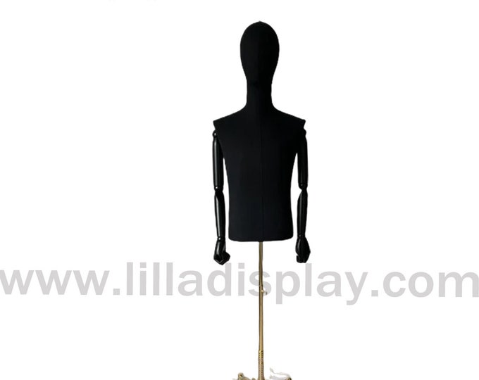 Lilladisplay Portable Gold Wheel Base Black Linen Black Articulated Wooden Arms Male Mannequin Dress Form Bryan