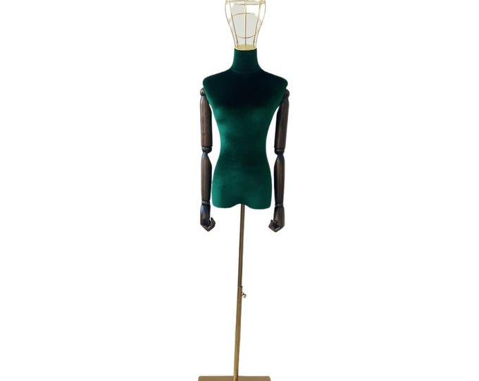 Green Velvet Mannequin Dress Form: Gold Base, Wooden Arms, Wire Head