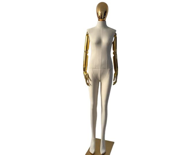 Gold Mannequin Head Full Body Linen Female Mannequin Dress Form Fay:Flexible Gold Arms