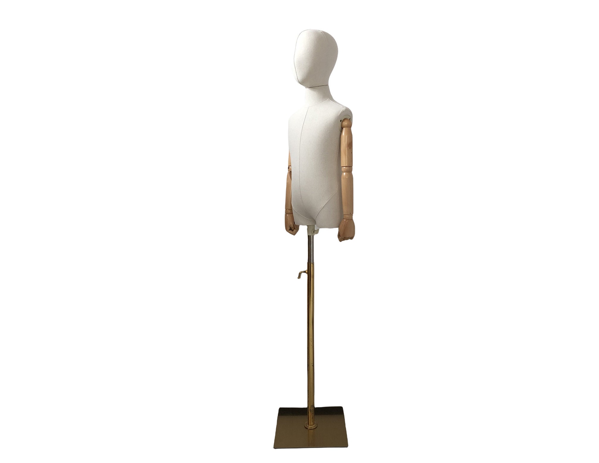 Adjustable Gold Square Base White Linen Child Mannequin Dress Form Teo
