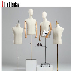 Economy Wooden Articulated Arms Adjustable Gold Base Natural Linen Male Dress Form Jacob