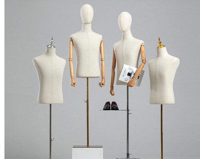 Economy Wooden Articulated Arms Adjustable Gold Base Natural Linen Male Dress Form Jacob