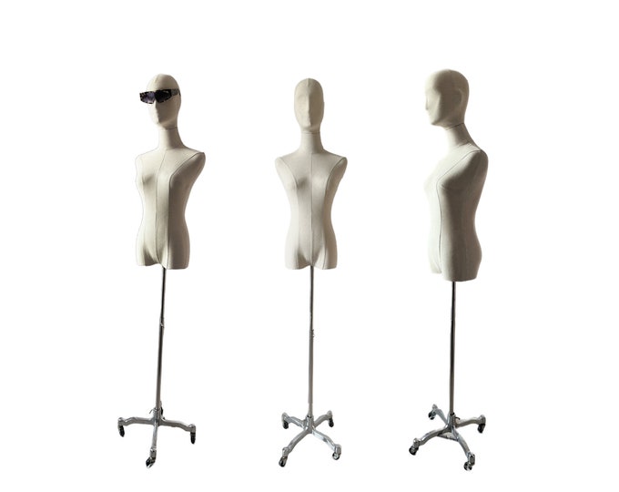 Bridal Store Adjustable Portable Wheelbase Linen Abstract Face Female Mannequin Dress Form Anya