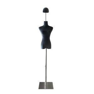 May include: A black dress form with a head form, torso, and adjustable stand. The dress form is made of a dark, textured material. The stand is silver and has a square base. The head form is a rounded shape.