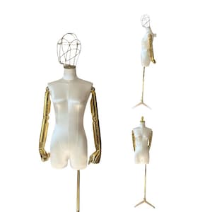 Gold Wire Head Gold Articulated Arms Gold Base White Satin Female Mannequin Dress Form Greta