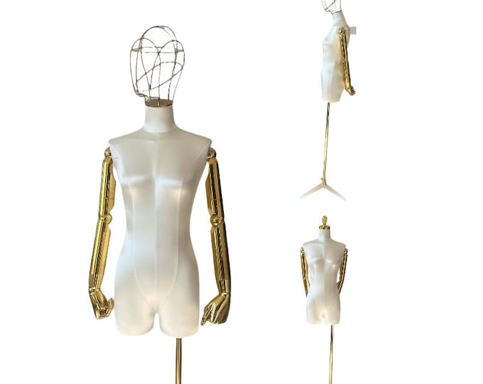 Gold Wire Head Gold Articulated Arms Gold Base White Satin Female Mannequin Dress Form Greta