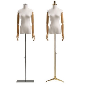 Adjustable Silver Base Natural Linen Female Mannequin Dress Form with Wooden Articulated Arms Nancy
