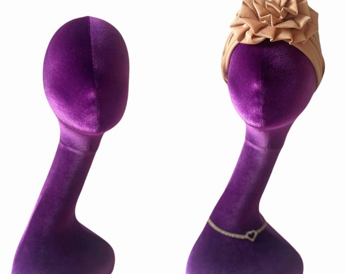 50cm(19.68inch) Tall Free Standing Purple Velvet Female Mannequin Head for Turban Display Millinery Display