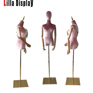 Adjustable Gold Square Base Pink Color Velvet Wooden Arms Female Mannequin Dress Form Mia