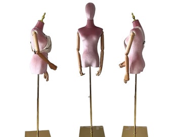 Adjustable Gold Square Base Pink Color Velvet Wooden Arms Female Mannequin Dress Form Mia