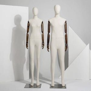Full Body Natural Linen Dark Wooden Articulated Arms Female Mannequin Dress Form Daria